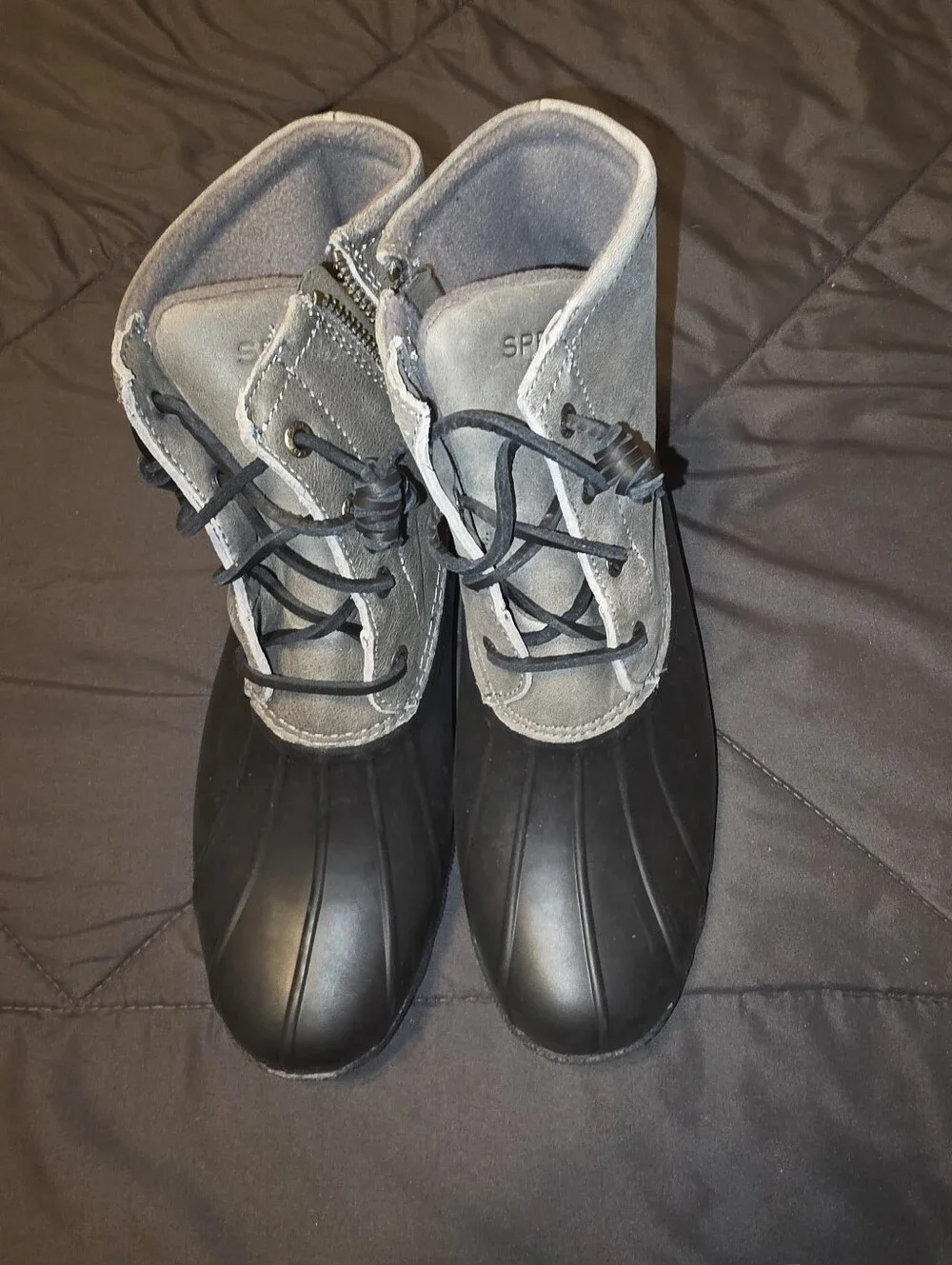 New Sperry Women's Gray Suede and Black Rubber Rain Boots - Sz 9.5
